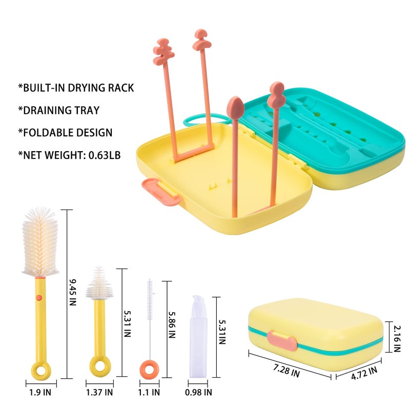 suvast 7in1 Travel Bottle Cleaner kit,Baby Essentials, with Bottle Brush、Nipple Brush、Straw Cleaner Brush、Soap Dispenser、Bottle Drying Rack、Drainage Tray、Storage Box,Baby Travel Essential (Yellow) - Image 2